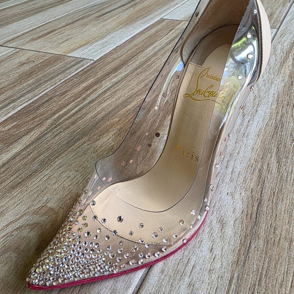 Christian Louboutin Degrastrass Nude & PVC Embellished Crystal Shoe Eur.37 - Picture 6 of 16